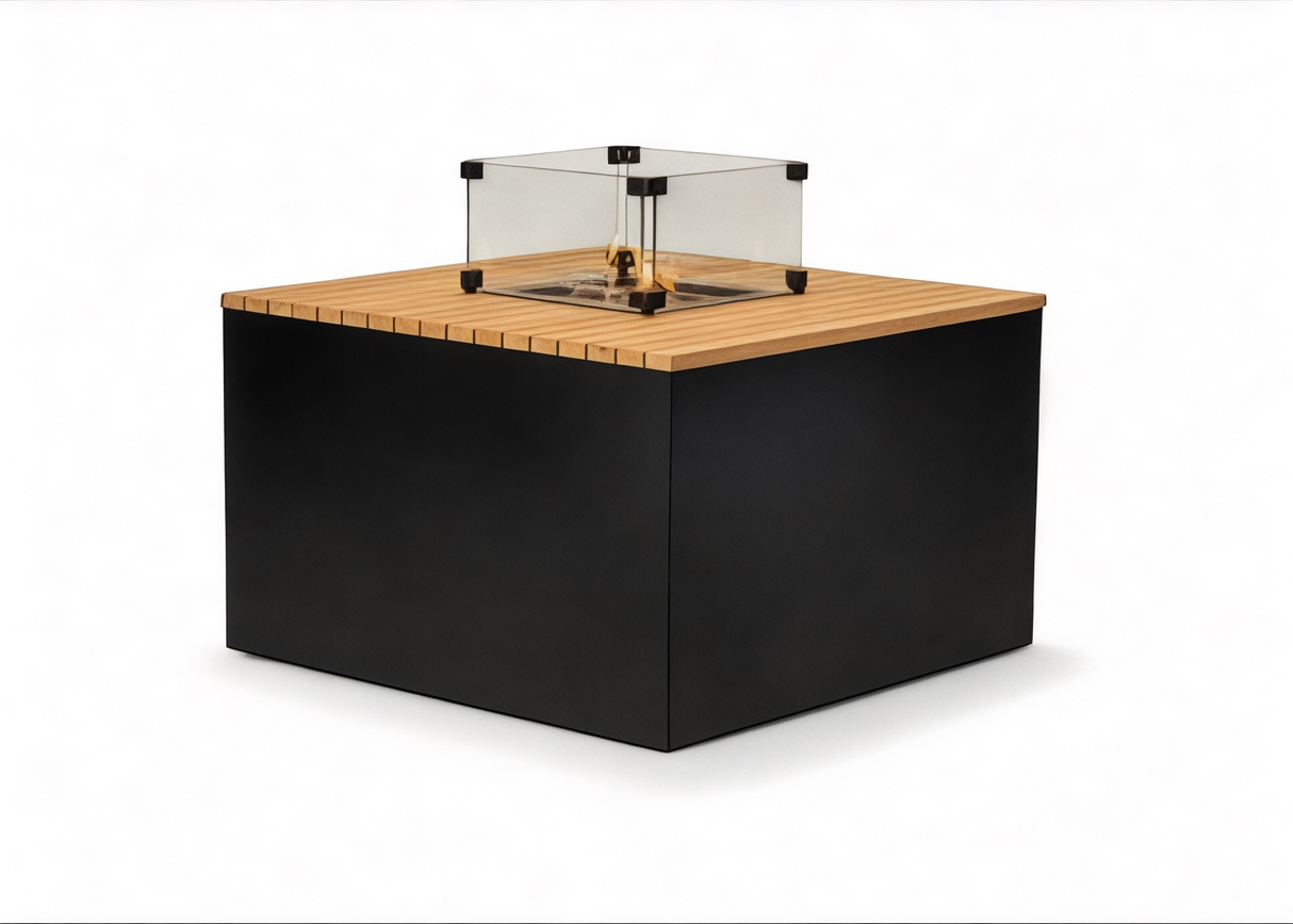 Easyfires Cube Vuurtafel 80 x 80 cm - Aluminium Teakhout - Inclusief Glasset
