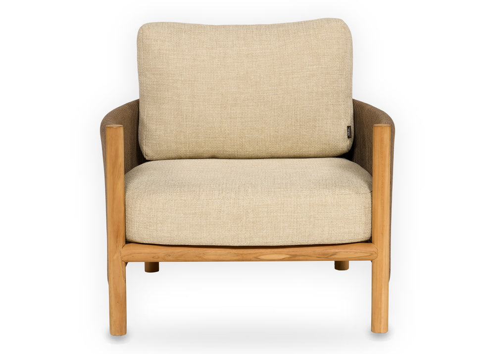 Apple Bee Sapporo loungestoel teak met brown rope en Cotton Flower BEE WETT kussen - schuin aanzicht