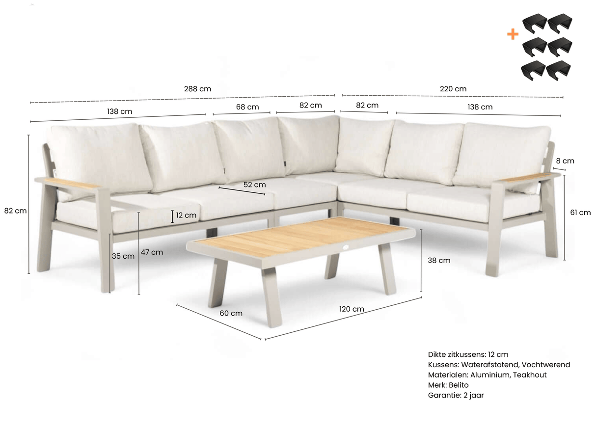 Belito Lotte Loungeset Hoekbank Nr. 1 | Taupe Aluminium | 288 x 220 cm | 6-persoons