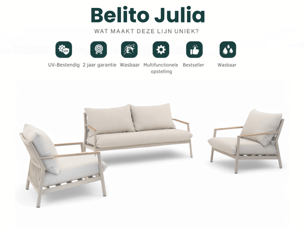 Belito Julia loungebank taupe aluminium met rope-afwerking en teakhouten armleuning