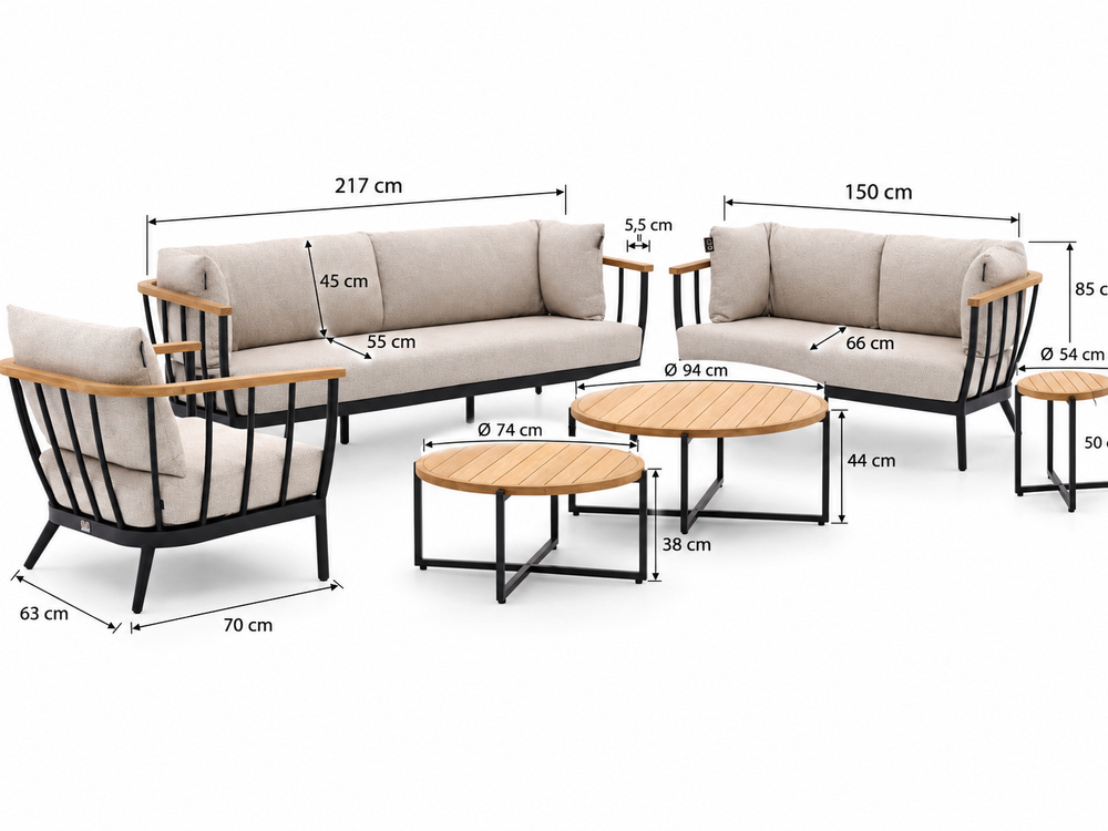 Apple Bee Condor Loungeset 6-delig Nr. 2 | Bank 217 + 150 + Stoel + 3 Tafels | Black