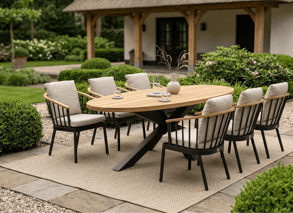 Apple Bee Condor Dining Tuinset | Tuintafel 200 x 110 cm Ovaal | 6 Persoons | Zwart - 7-delig