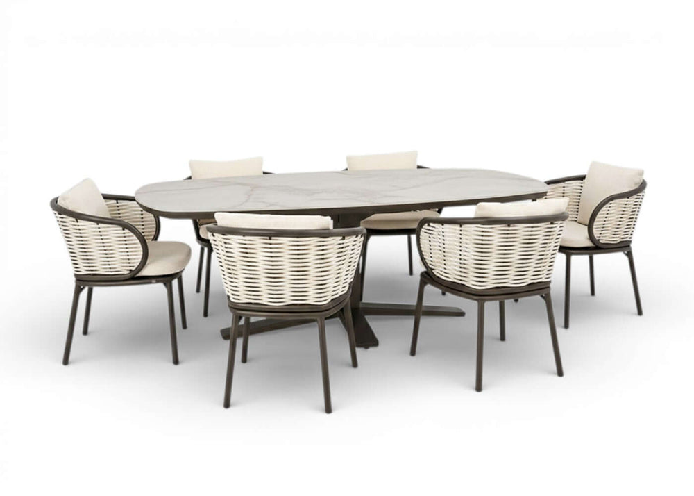 Apple Bee Pine Key Bronze Diningset – 220 cm – Zanzibar & 6 Stoelen