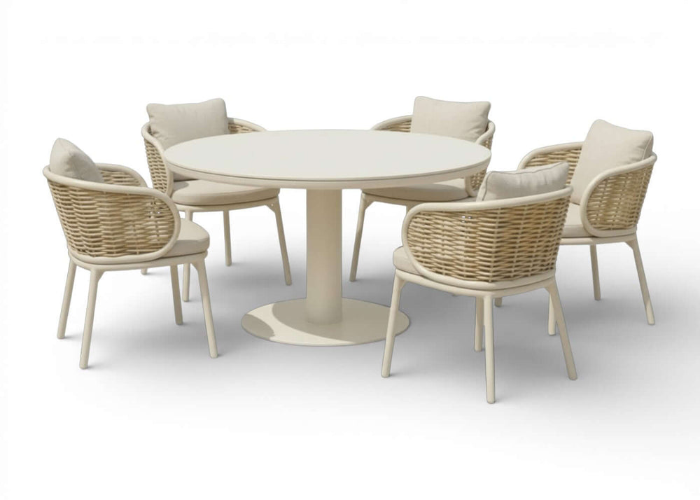 Apple Bee Pine Key Oyster Diningset – Ø140 cm – Melville & 5 Stoelen