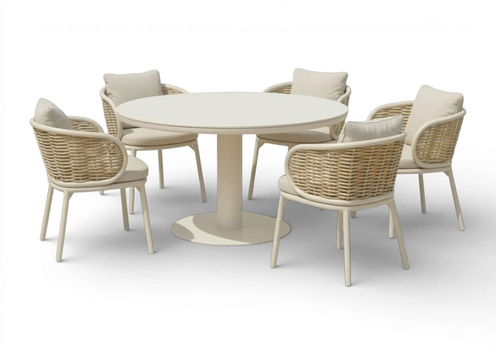 Apple Bee Pine Key Oyster Diningset – Ø140 cm – Melville & 5 Stoelen