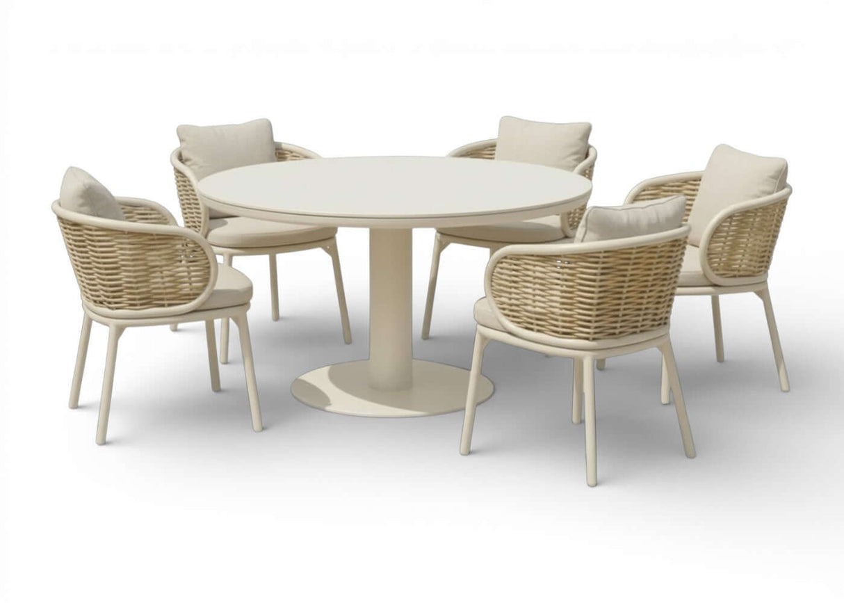 Apple Bee Pine Key Oyster Diningset – Ø140 cm – Melville & 5 Stoelen