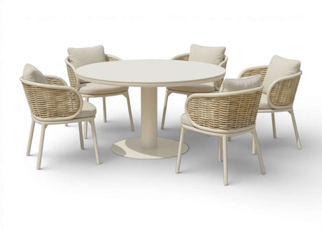 Apple Bee Pine Key Oyster Diningset – Ø140 cm – Melville & 5 Stoelen