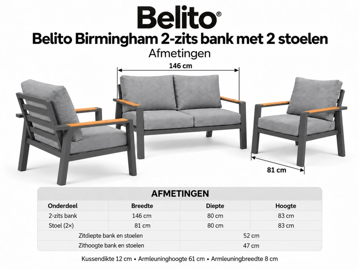Belito Birmingham Loungeset Nr.10 | Antraciet | 2-zits Bank + 2x Stoel | 4 Personen
