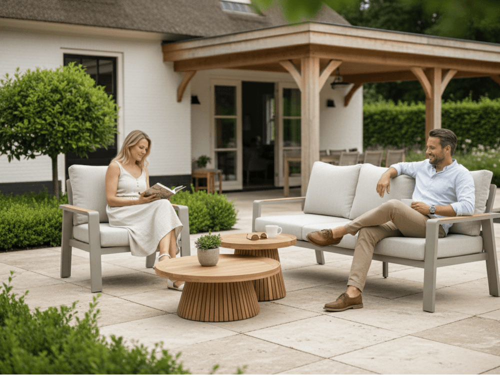 Belito Birmingham tuinbank taupe aluminium, sfeerfoto met teakhouten koffietafel