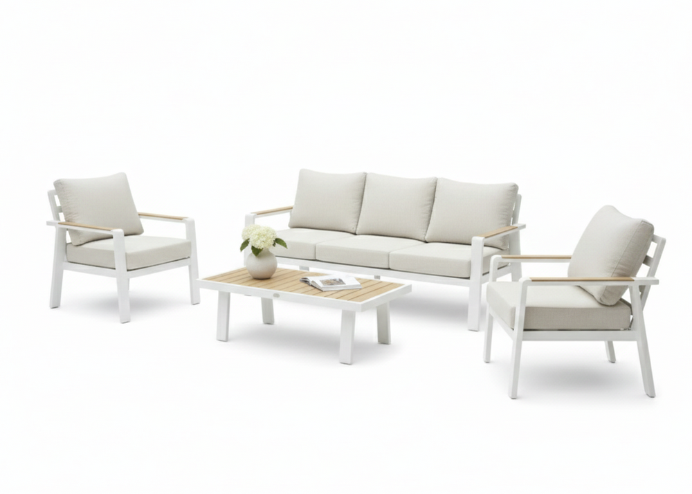 Aluminium Stoel-Bank Loungeset - Wit - Belito Birmingham - Lichte Kussens - 4 - Delig