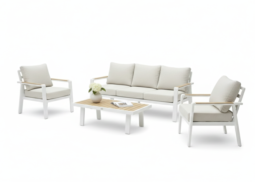 Aluminium Stoel-Bank Loungeset - Wit - Belito Birmingham - Lichte Kussens - 4 - Delig