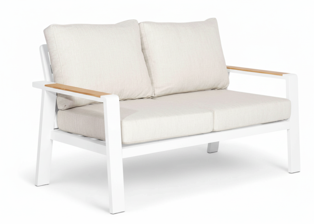 Aluminium Stoel-Bank Loungeset - Wit - Belito Birmingham - Lichte Kussens met comfortabele kussens en houten armleuningen.