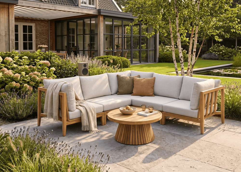 Belito Daan Hoek Loungeset | Teakhout | 245x245 cm | Nr. 6 incl. 80 cm diameter koffietafel