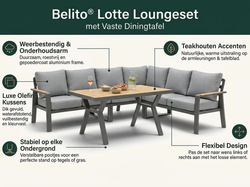 Belito Lotte Hoekbank antraciet met vaste hoge tafel 