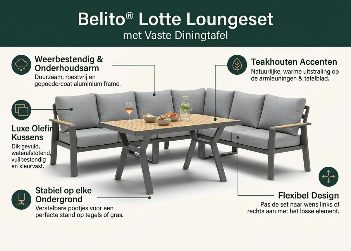 Belito Lotte Hoekbank antraciet met vaste hoge tafel 