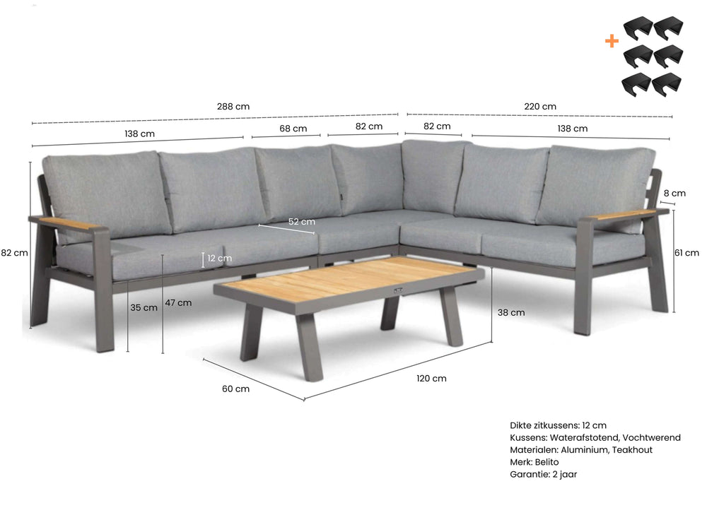 Belito Lotte antraciet met afmetingen en koffietafel 120 cm 