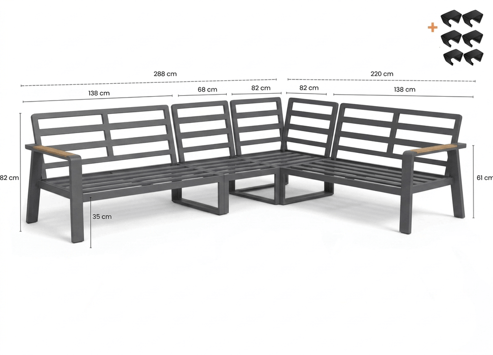 Aluminium Loungeset Hoekbank - Antraciet Frame - 5-delig - Belito Lotte met afmetingen en details
