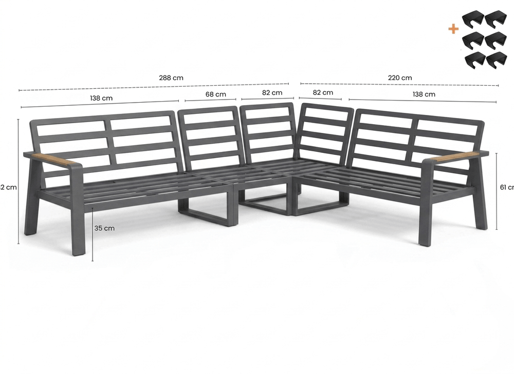 Aluminium Loungeset Hoekbank - Antraciet Frame - 5-delig - Belito Lotte met afmetingen en details