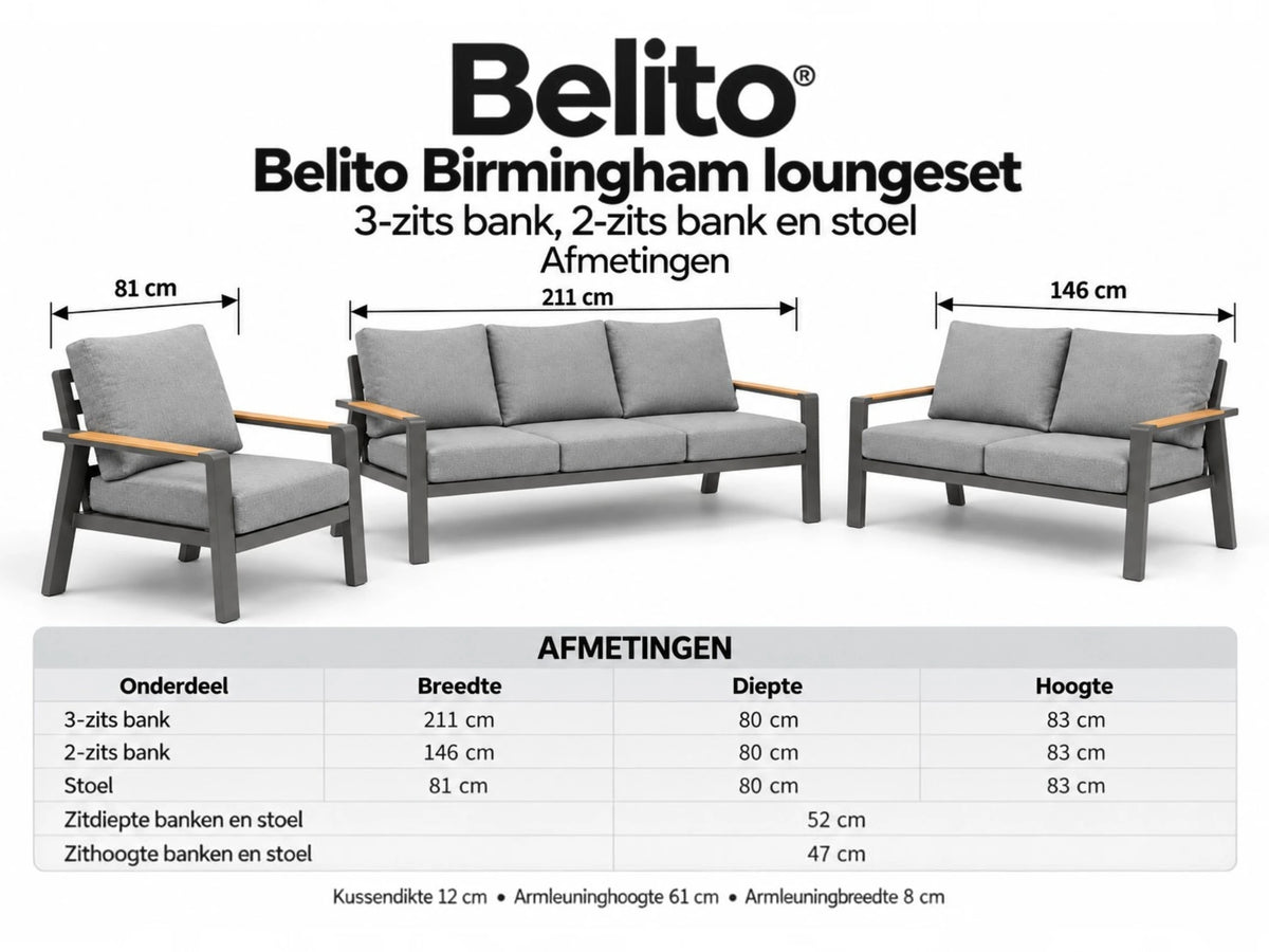 Belito Birmingham Loungeset Nr.4 | Antraciet | 3-zits + 2-zits Bank + Stoel | 6 Personen