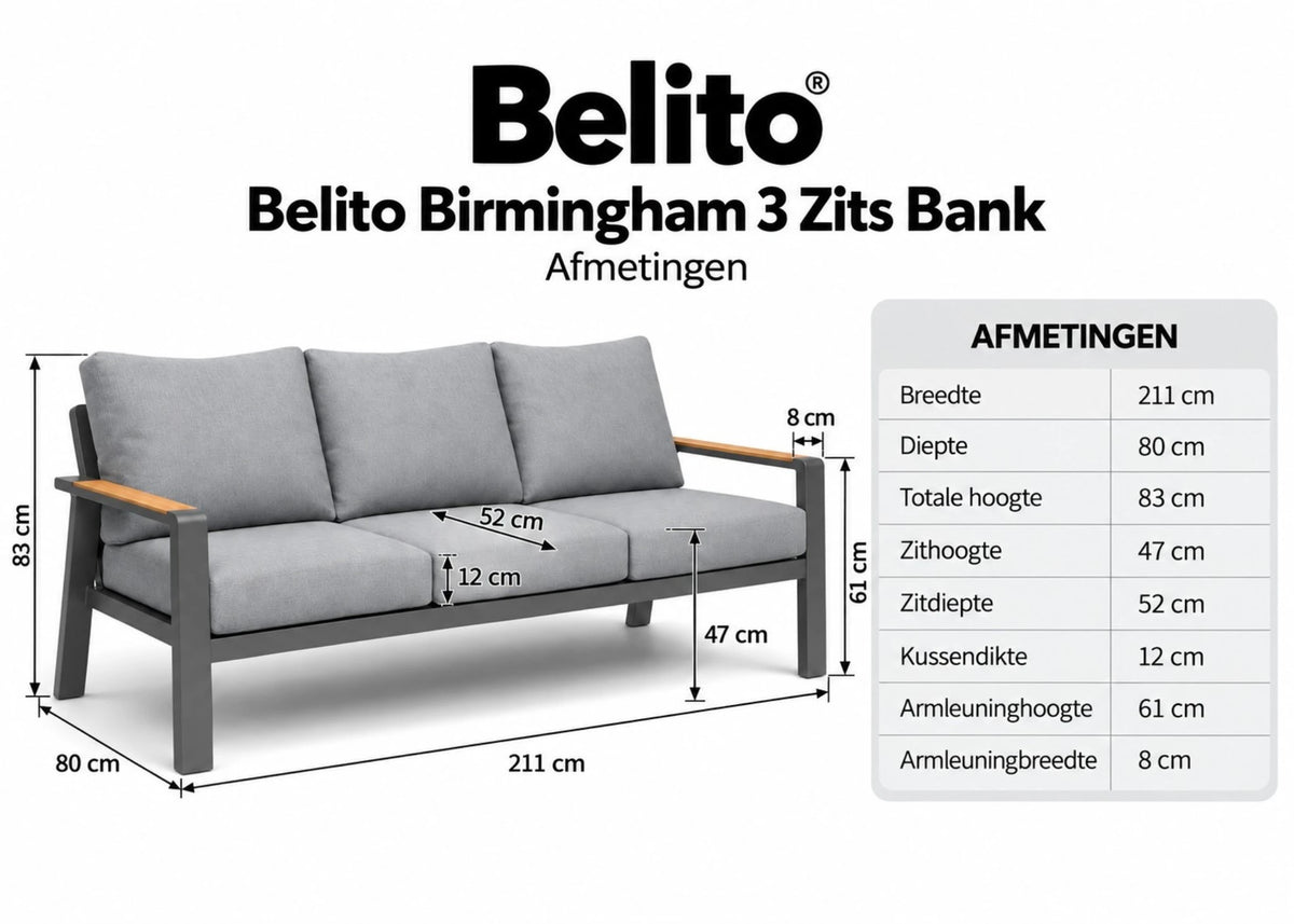 Belito Birmingham tuinbank 211 cm antraciet aluminium, maatvoering en afmetingen