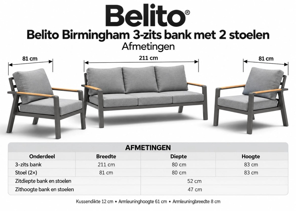 Belito Birmingham 3-zits bank met 2 stoelen antraciet aluminium, maatvoering complete set
