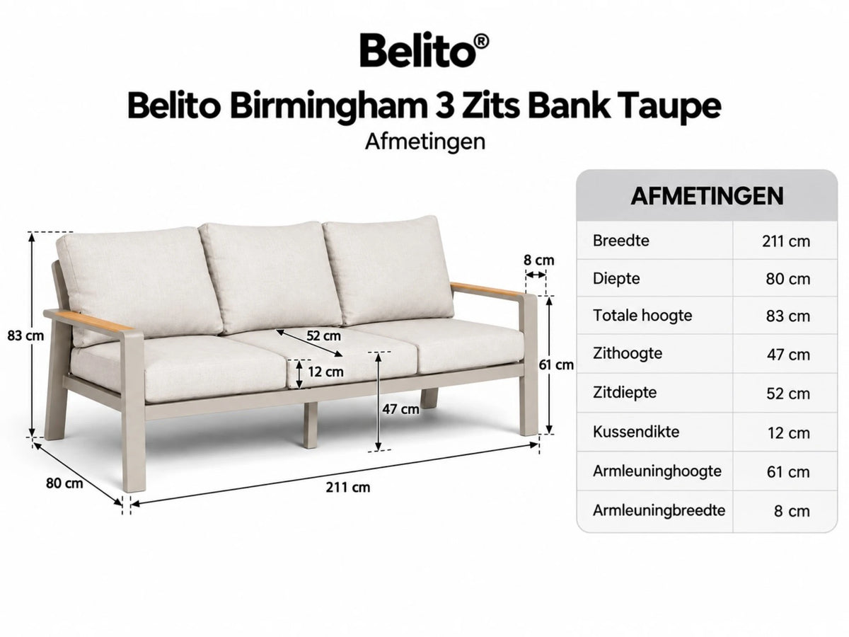 Belito Birmingham tuinbank 211 cm taupe aluminium, maatvoering en afmetingen