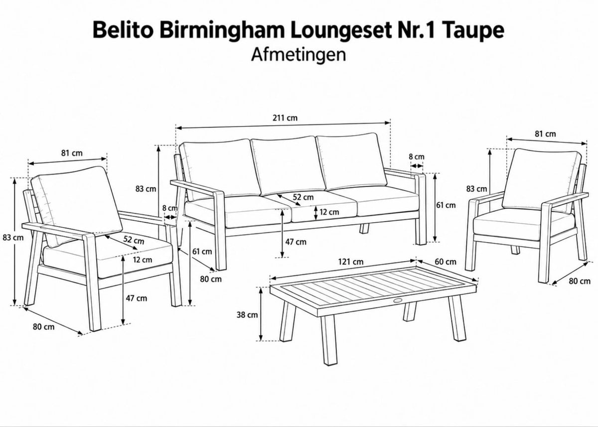 Belito Birmingham Lounge Set No. 1 | Taupe | 3-Seater Sofa + 2x Chair + Table | 5 Persons