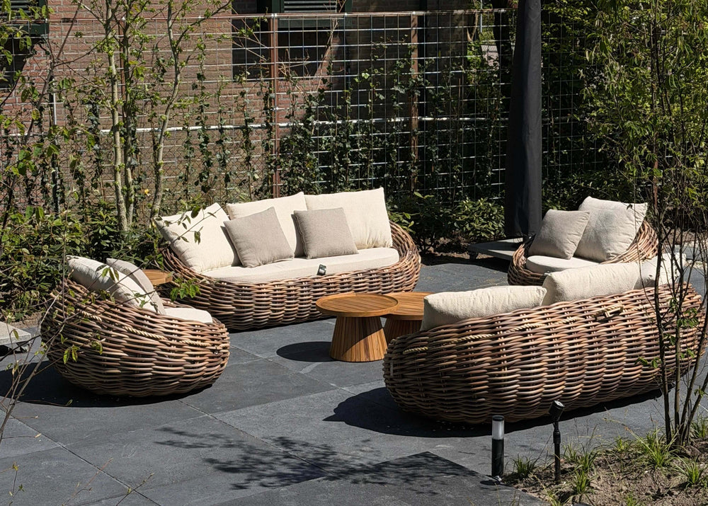 Apple Bee Cocoon Loungeset 5-delig | Belito Daan Tafels Ø 60 & 80 cm | Mokka/Teak
