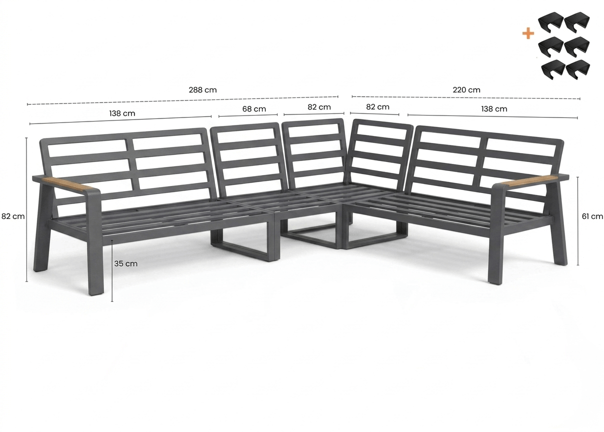 Belito Lotte Loungeset Hoekbank Nr. 1 | Antraciet Aluminium | 288 x 220 cm | 6-persoons | Lichte Kussens