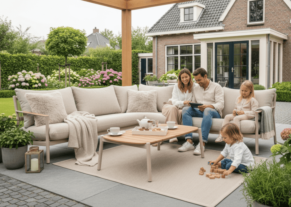 Belito Julia hoekbank taupe sfeerbeeld op terras