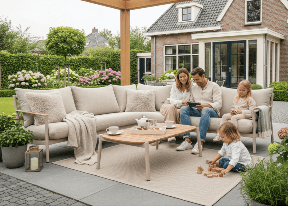 Belito Julia hoekbank taupe sfeerbeeld op terras