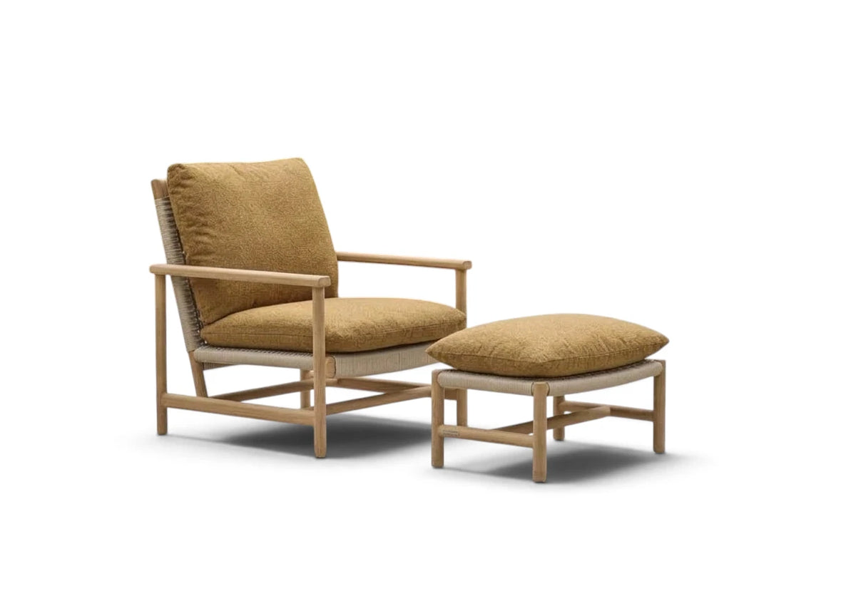 Apple Bee Jamila Loungestoel + Hocker | Teak | Linen Biculair® | Amber BEE WETT® Kussens | Set