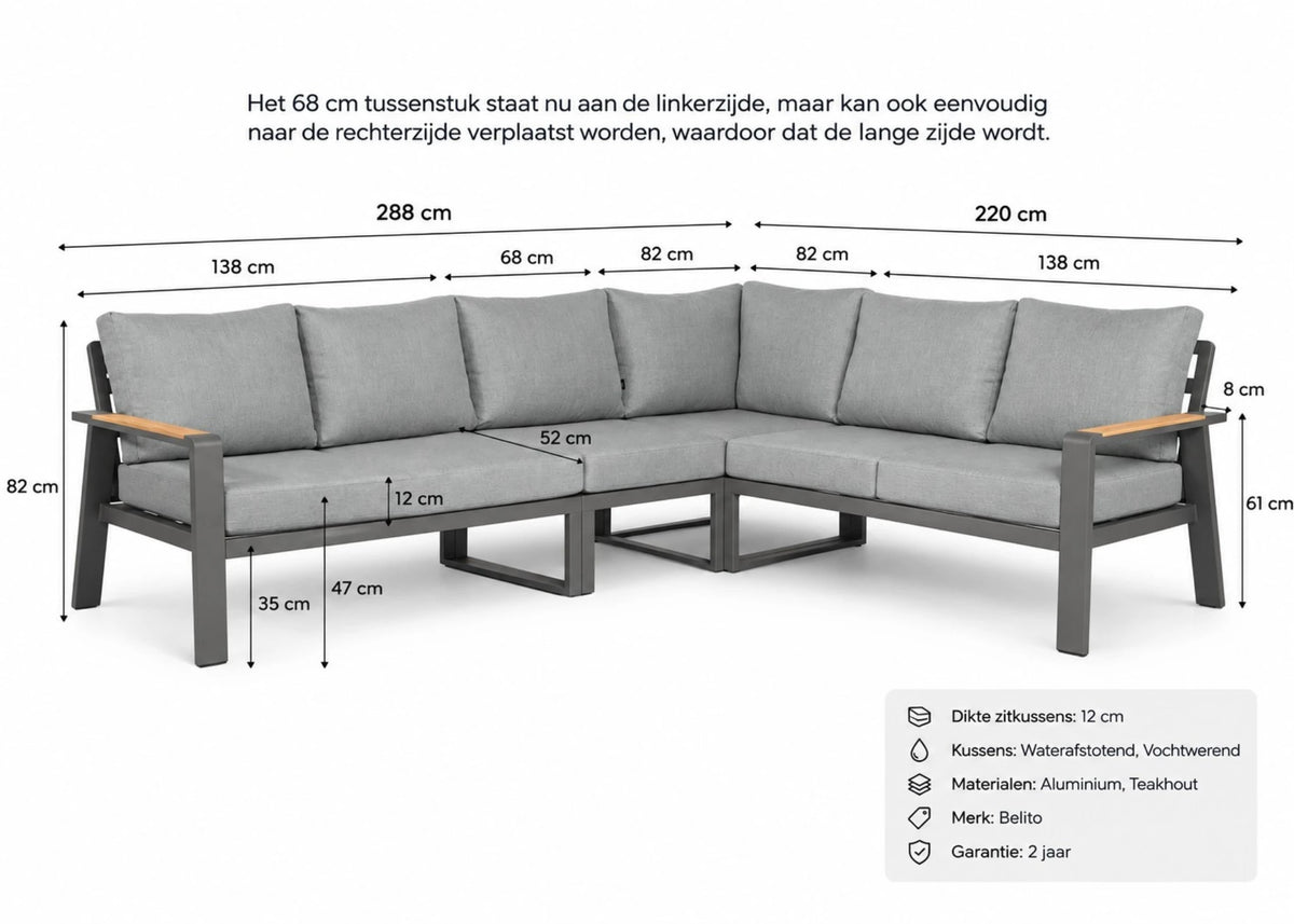 Afmetingen Belito Lotte hoekbank Nr. 2, 288 x 220 cm