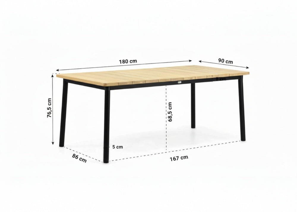 Milou 180 cm tafel met afmetingen