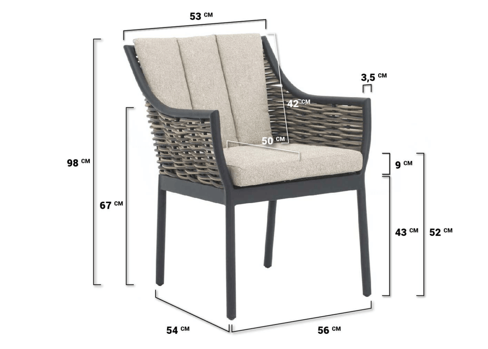 Maatvoering Apple Bee Milou dining tuinstoel Carbon Black