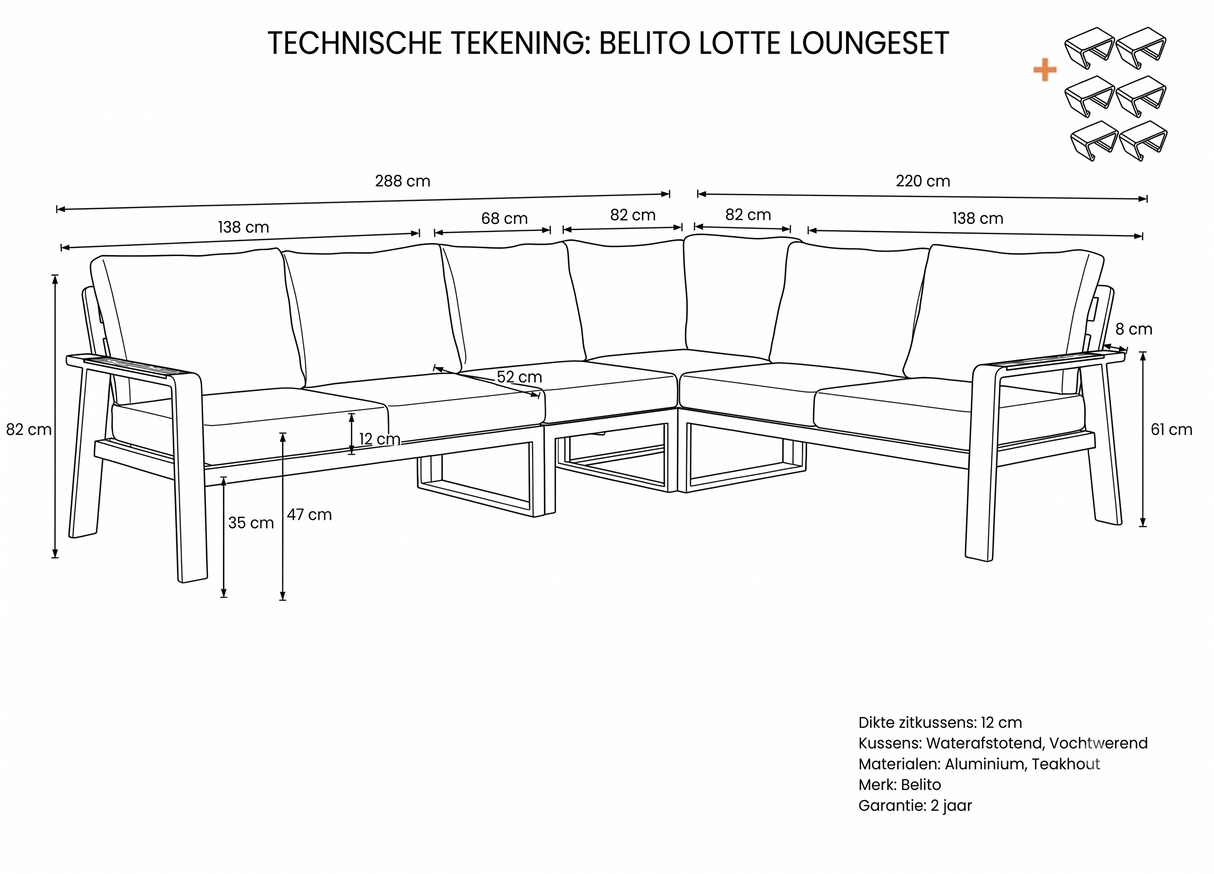 Belito Lotte Loungeset Hoekbank Nr. 1 | Taupe Aluminium | 288 x 220 cm | 6-persoons