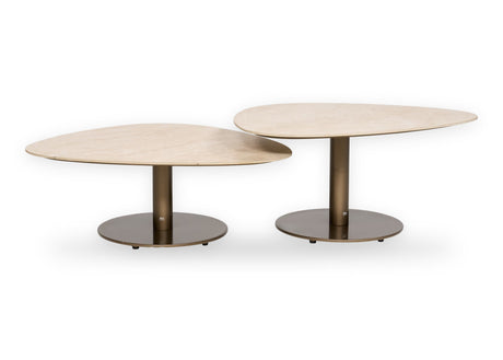 Apple Bee Pulau lounge tuintafels set van 2, 35 en 44 cm, HPMS Cream blad op Champagne onderstel – vrijstaand