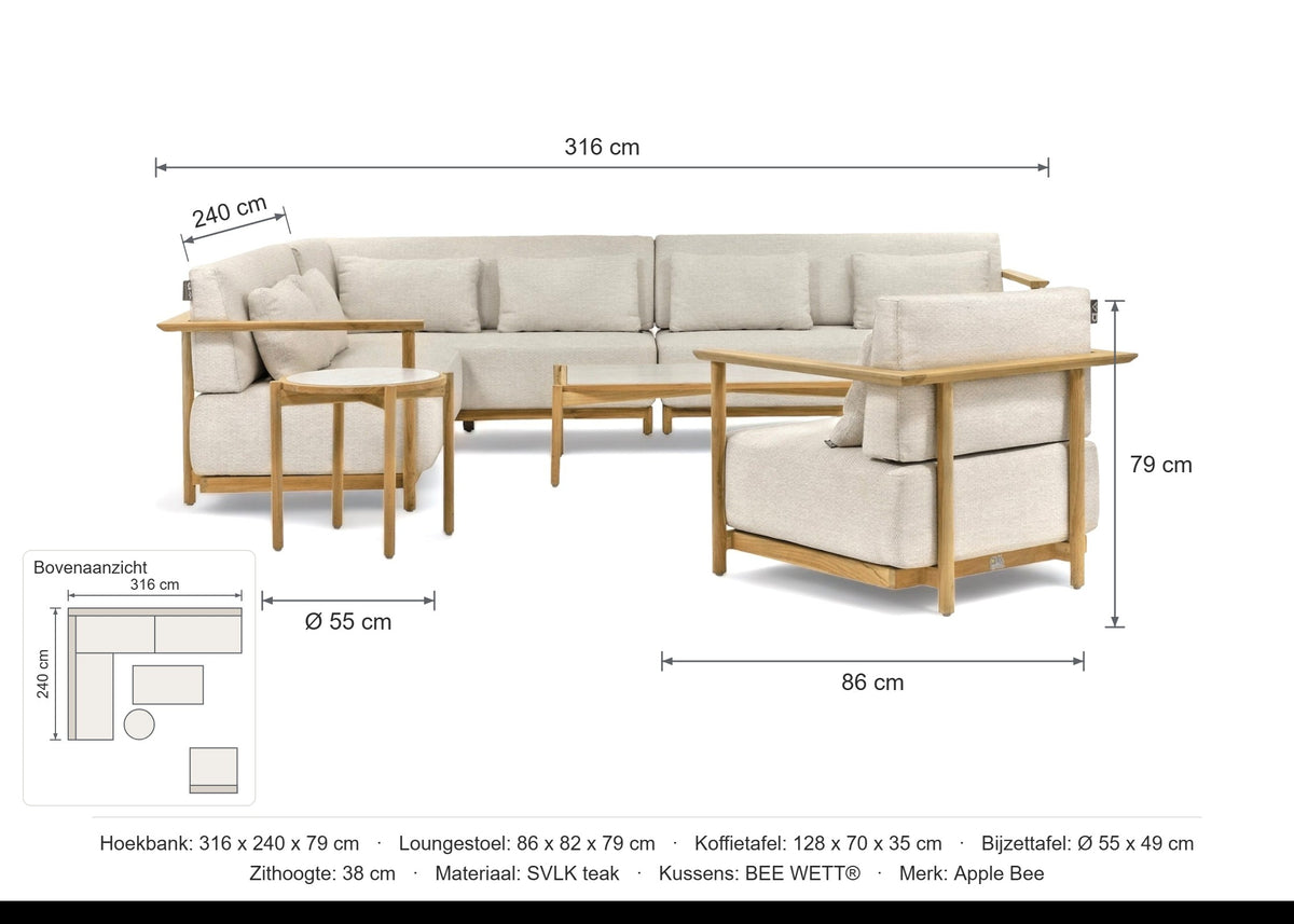 Maattekening Apple Bee St. Lucia Loungeset Nr.6 met afmetingen: Hoekbank: 316 x 240 x 79 cm, Loungestoel: 86 x 82 x 79 cm, Koffietafel: 128 x 70 x 35 cm, Bijzettafel: Ø 55 x 49 cm, Zithoogte: 38 cm
