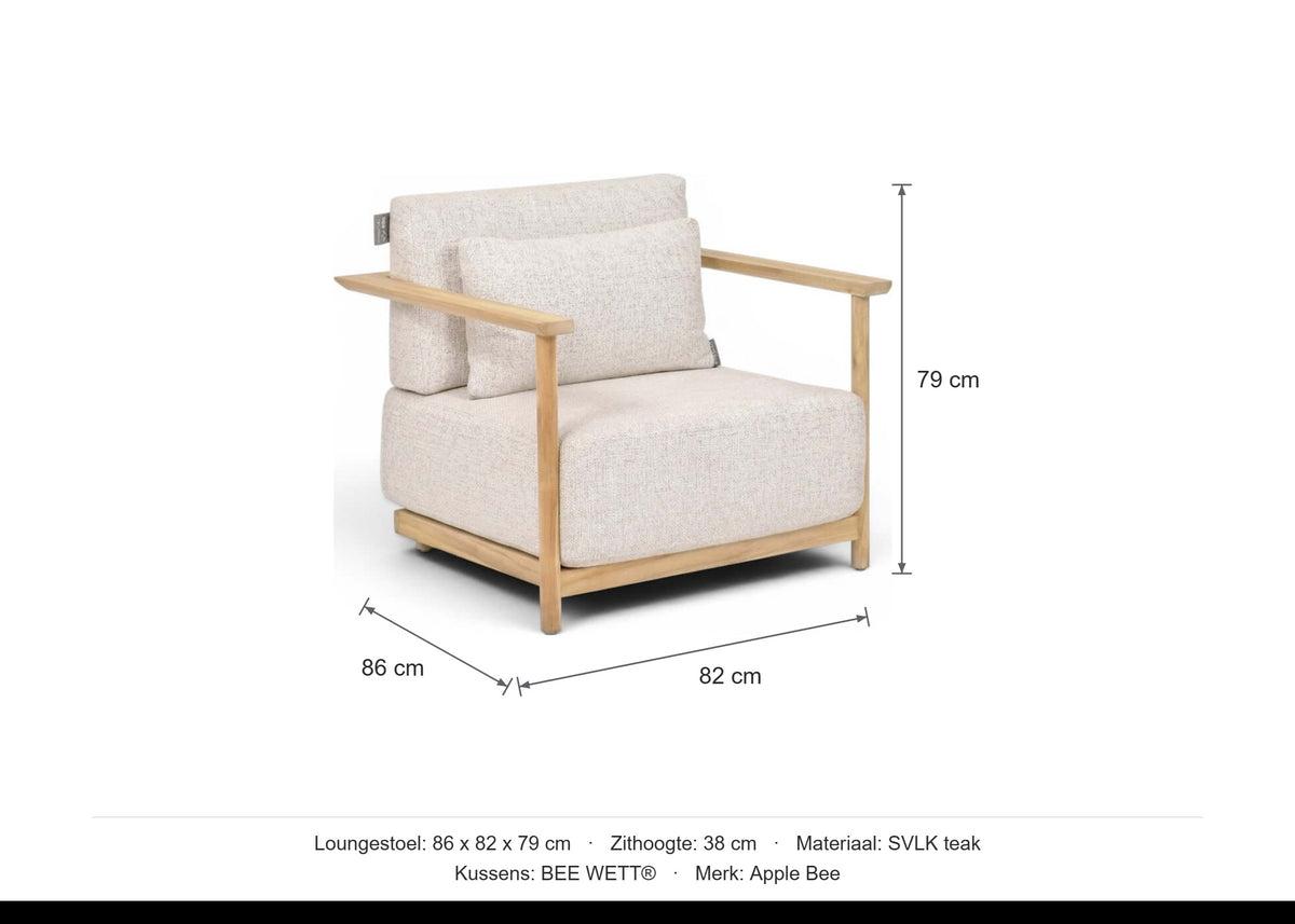 Maattekening Apple Bee St. Lucia Loungestoel met afmetingen: Loungestoel: 86 x 82 x 79 cm, Zithoogte: 38 cm