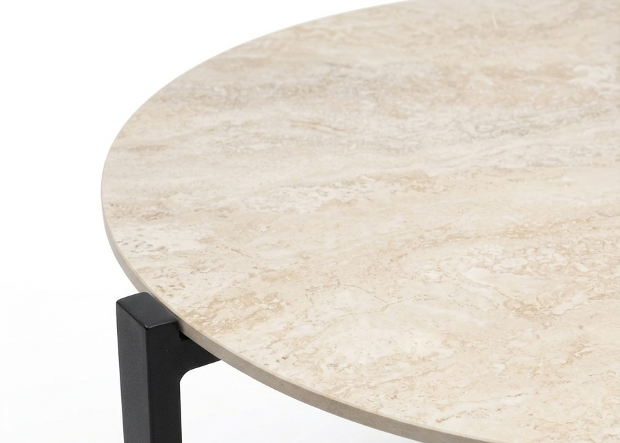 Loungesetland Apple Bee Monaco koffietafel met rond sintered stone blad in zandkleur en zwart aluminium frame